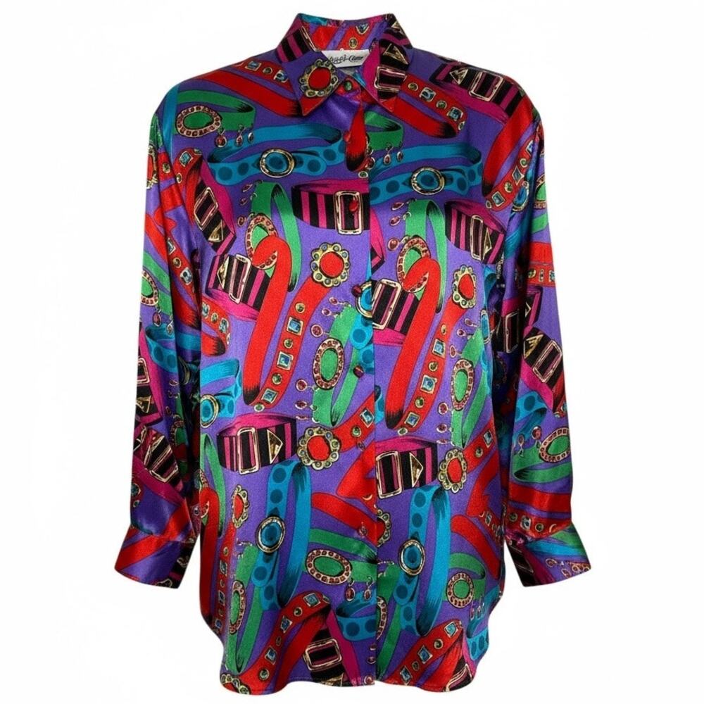Vintage Yves St. Clair 80s jewel print satin purple blouse made in Korea medium